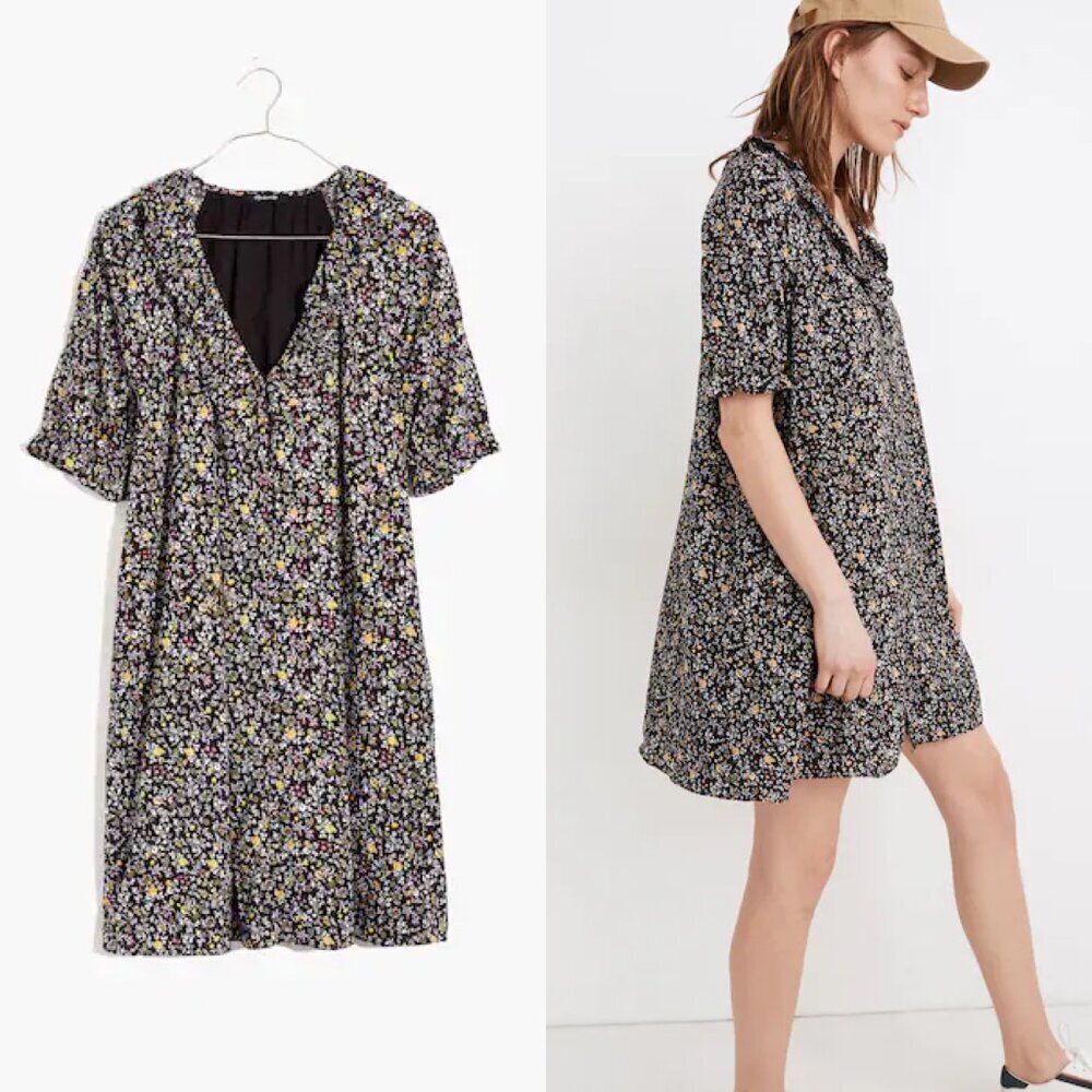 Madewell Folkmagic Floral Printed Ruffle Button Front Trapeze Dress